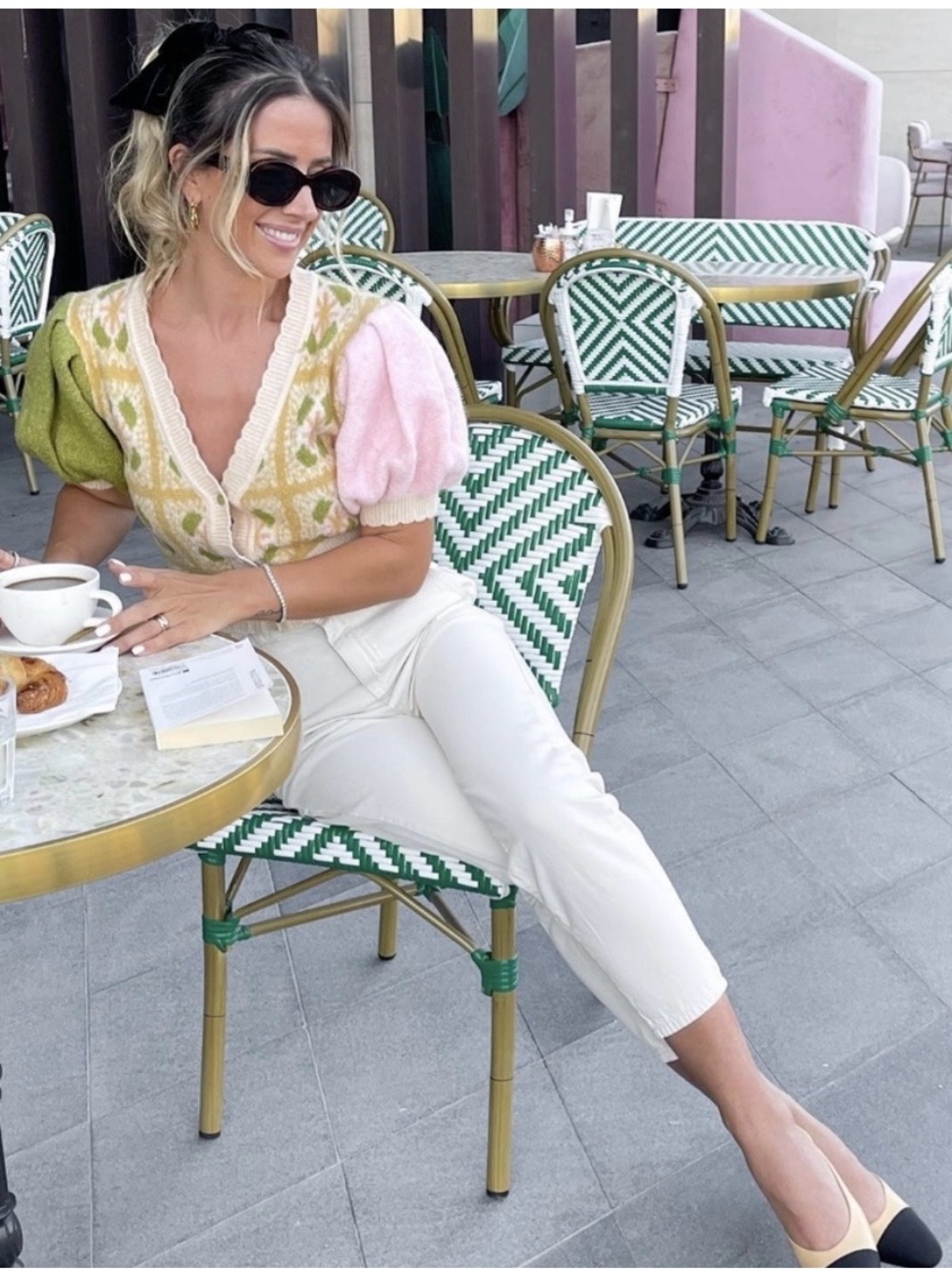 Zara Pastel Puff-Sleeve Cropped Cardigan Sweater - Pink & Green